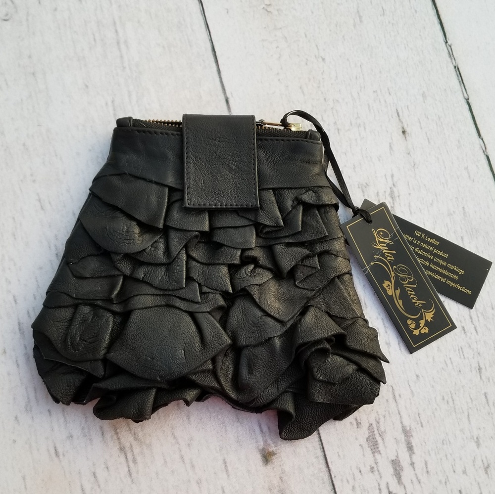 Lyla Black Ruffle Leather Clutch evening coin bag
